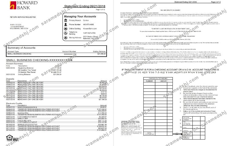 USA Maryland Howard Business bank statement template, Word and PDF format (.doc and .pdf) (4 pages)